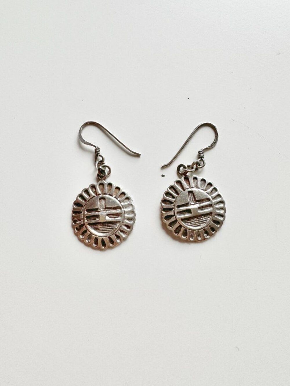 Vintage Navajo 925 Sterling Silver Sun Face Geometric Drop Earrings